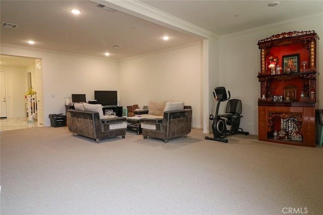 carpeted living room featuring ornamental molding