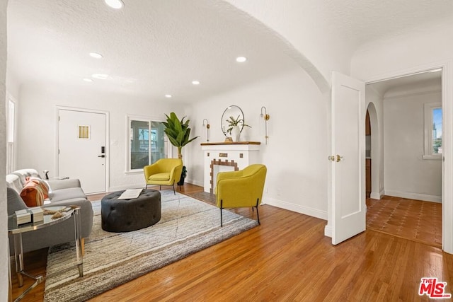 living room featuring a textured ceiling and hardwood / wood-style flooring