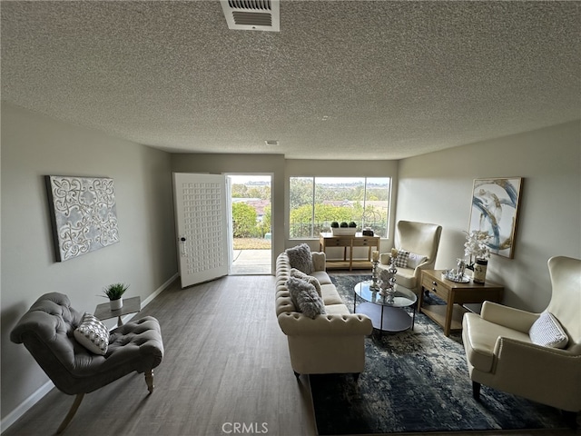 living room with hardwood / wood-style flooring and a textured ceiling