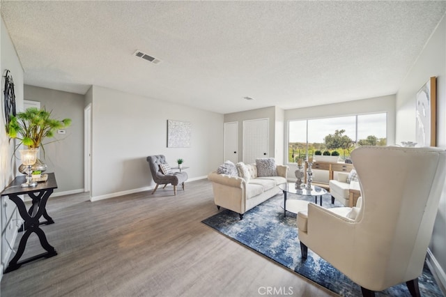 living room featuring a textured ceiling and hardwood / wood-style flooring