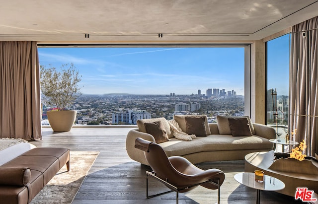 living room with floor to ceiling windows and hardwood / wood-style floors