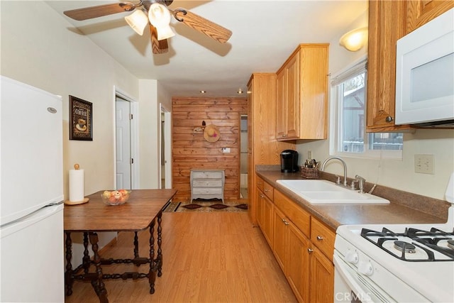 kitchen featuring ceiling fan, sink, white appliances, and light hardwood / wood-style flooring