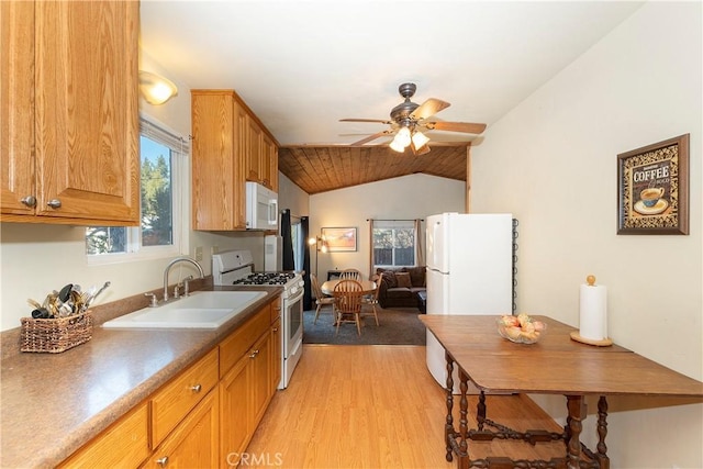 kitchen with ceiling fan, lofted ceiling, light hardwood / wood-style floors, sink, and white appliances