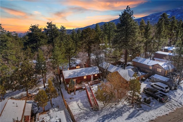 snowy aerial view featuring a mountain view