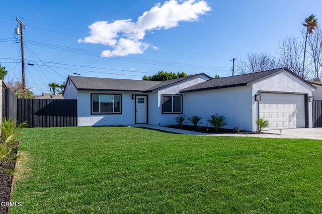 ranch-style home with a front lawn and a garage