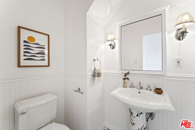 bathroom with toilet and vaulted ceiling