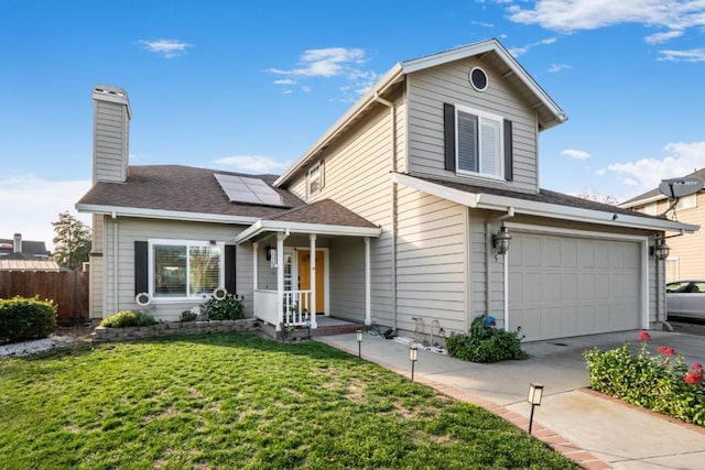 front facade with solar panels, a front lawn, and a garage