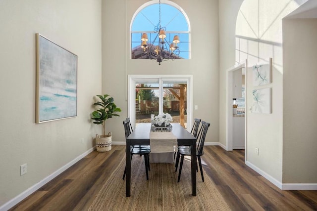 dining space with a notable chandelier and dark wood-type flooring