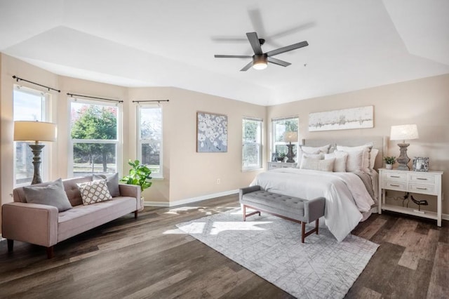 bedroom with dark wood-type flooring, a raised ceiling, ceiling fan, and multiple windows