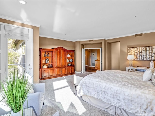 bedroom featuring carpet floors, access to outside, visible vents, and ornamental molding