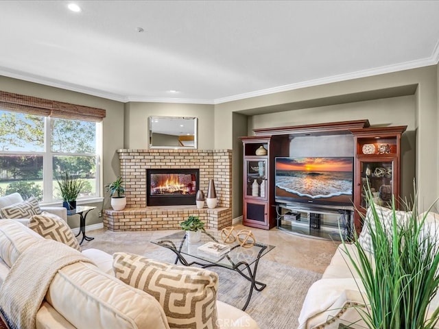 living room with a brick fireplace, baseboards, and crown molding