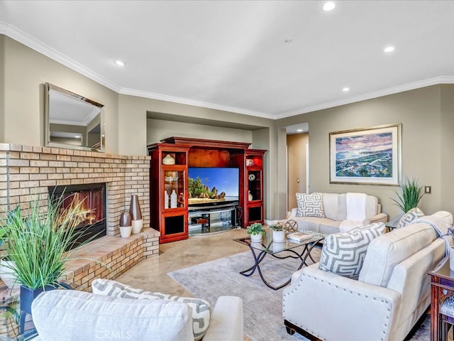 living room featuring recessed lighting, a fireplace, and crown molding