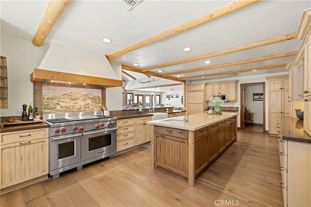 kitchen featuring stainless steel appliances, an island with sink, light hardwood / wood-style floors, sink, and custom range hood