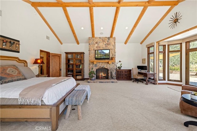 carpeted bedroom featuring beamed ceiling, a fireplace, and high vaulted ceiling