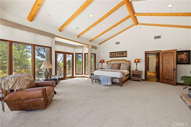 bedroom with high vaulted ceiling, beamed ceiling, light carpet, and french doors