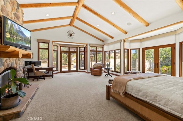 carpeted bedroom featuring beamed ceiling, french doors, access to outside, and high vaulted ceiling