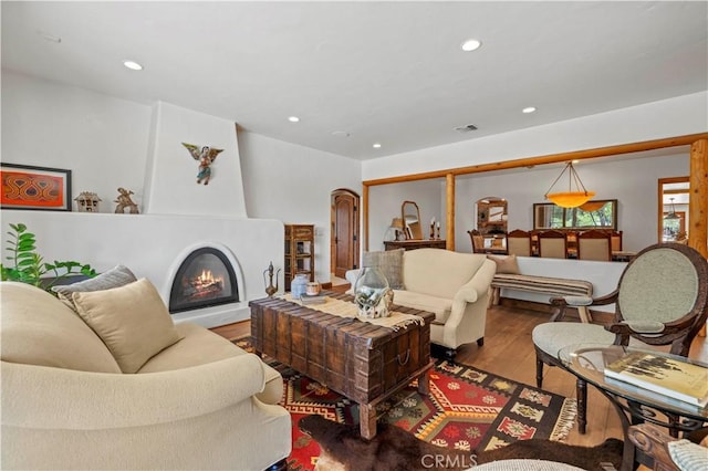 living room featuring a fireplace and light hardwood / wood-style flooring