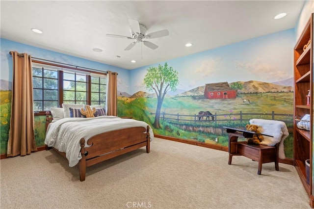 bedroom with ceiling fan and light colored carpet