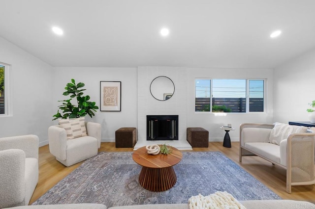 living room featuring a fireplace, a wealth of natural light, and light wood-type flooring