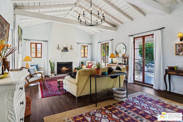 living room with high vaulted ceiling, dark wood-type flooring, a wealth of natural light, and beamed ceiling