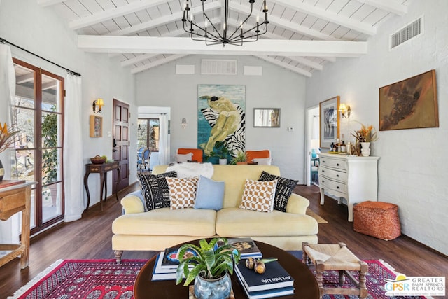 living room with high vaulted ceiling, dark hardwood / wood-style floors, beamed ceiling, and a chandelier