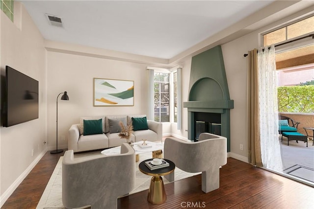 living room with hardwood / wood-style floors, a fireplace, and a healthy amount of sunlight