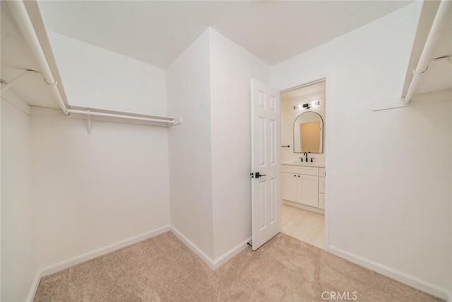 walk in closet featuring sink and light carpet