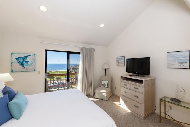 bedroom featuring light colored carpet, lofted ceiling, and access to outside