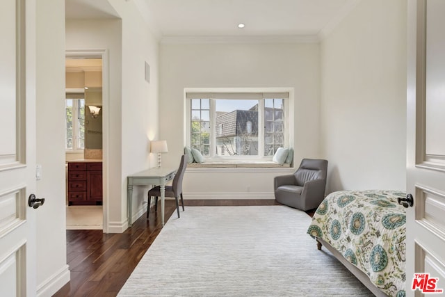 living area featuring dark wood-type flooring, crown molding, and plenty of natural light