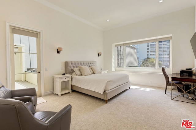 bedroom with crown molding and light carpet