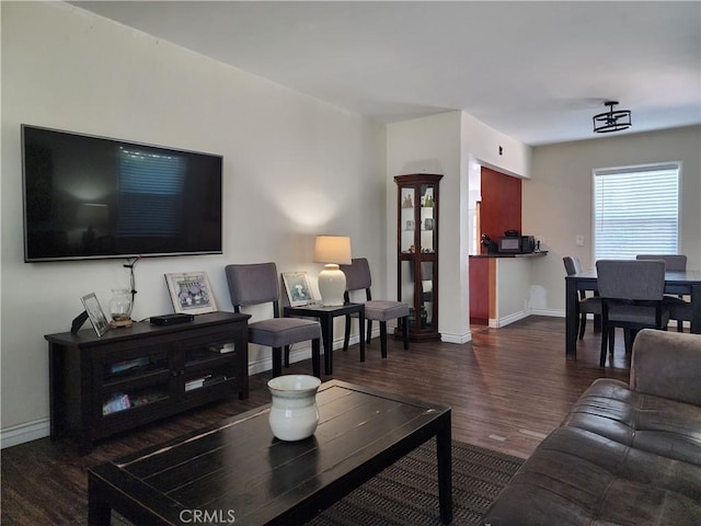 living room with dark hardwood / wood-style floors