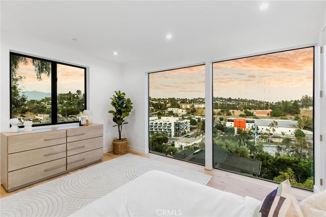 bedroom with access to exterior and light hardwood / wood-style flooring