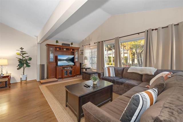 living room featuring lofted ceiling and light hardwood / wood-style floors