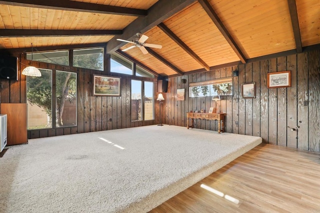 interior space with ceiling fan, vaulted ceiling with beams, wood ceiling, and wooden walls