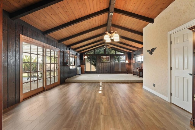 interior space with wood-type flooring, a wealth of natural light, lofted ceiling with beams, and wood ceiling