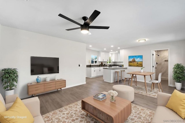 living room featuring ceiling fan and hardwood / wood-style flooring