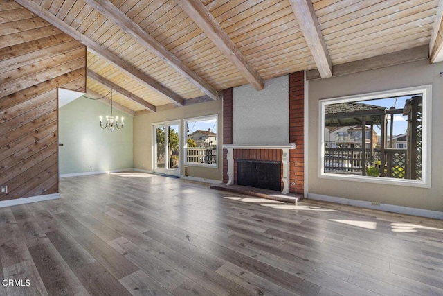 unfurnished living room with a fireplace, wood ceiling, beam ceiling, and hardwood / wood-style flooring