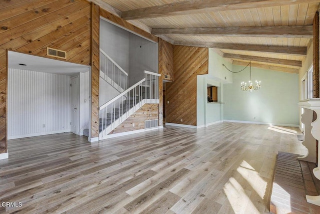 unfurnished living room with wood ceiling, beamed ceiling, a chandelier, and hardwood / wood-style floors