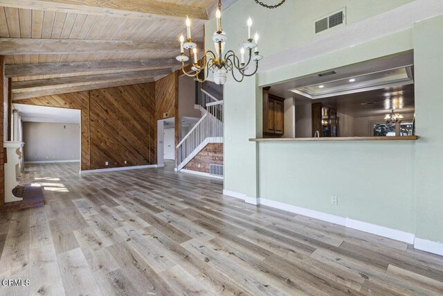 unfurnished dining area featuring wood walls, hardwood / wood-style floors, lofted ceiling with beams, a chandelier, and wooden ceiling