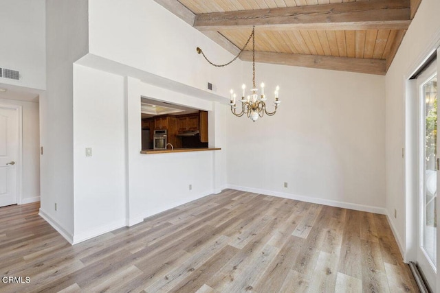 unfurnished dining area with an inviting chandelier, visible vents, beamed ceiling, wooden ceiling, and wood finished floors
