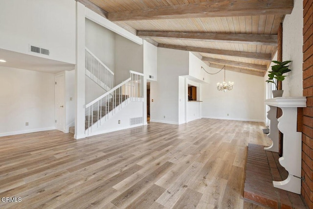 unfurnished living room featuring an inviting chandelier, stairway, visible vents, high vaulted ceiling, and wooden ceiling