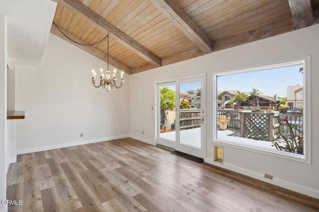 interior space with baseboards, wood finished floors, lofted ceiling with beams, and wood ceiling