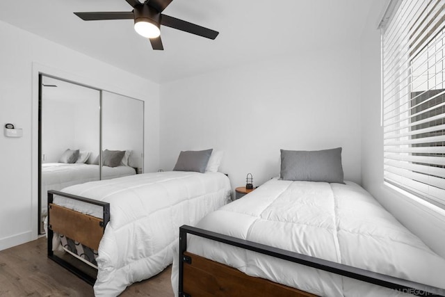 bedroom with ceiling fan, a closet, and dark hardwood / wood-style flooring