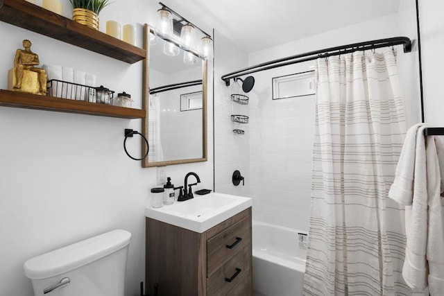 full bathroom featuring toilet, vanity, and shower / bathtub combination with curtain