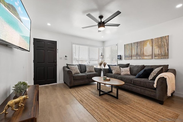 living room with ceiling fan and hardwood / wood-style flooring