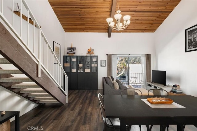 interior space with a notable chandelier, beamed ceiling, dark wood-type flooring, high vaulted ceiling, and wooden ceiling