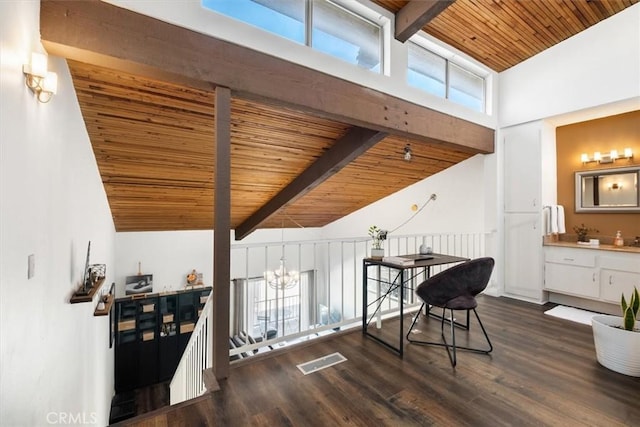 interior space with a notable chandelier, dark hardwood / wood-style flooring, wood ceiling, and vaulted ceiling with beams