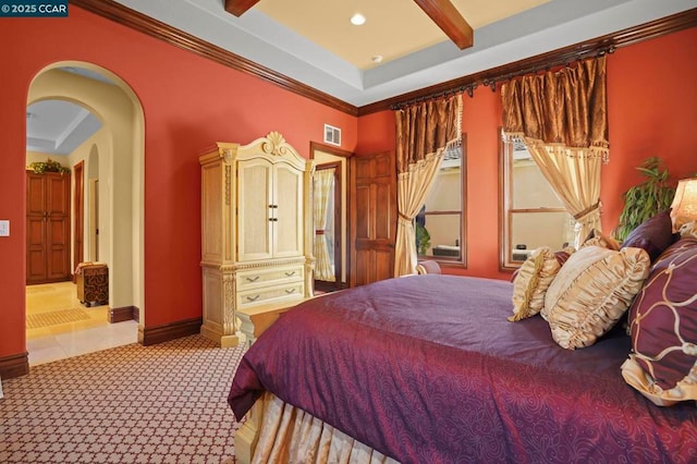 bedroom with ceiling fan, crown molding, and light colored carpet