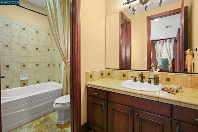 full bathroom featuring backsplash, toilet, vanity, and shower / bathtub combination with curtain