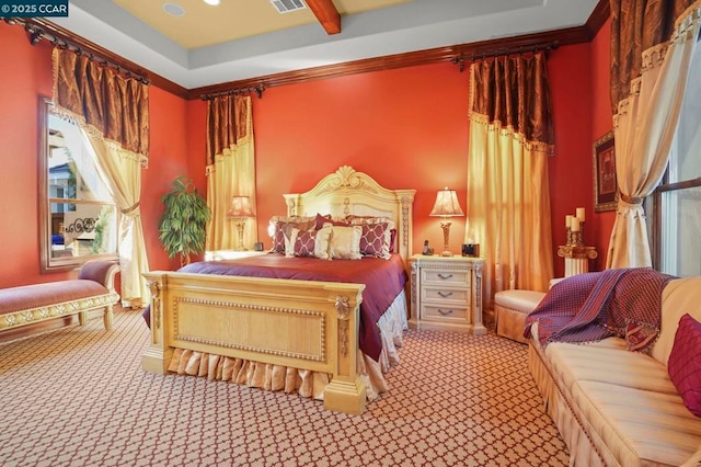 bedroom with carpet flooring, ornamental molding, and multiple windows